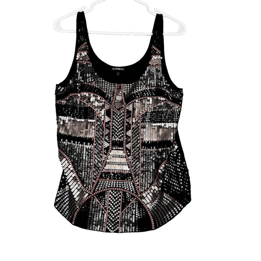 Express Top Womens Small Black Sequin Sleeveless Tank Y2K Glam Disco